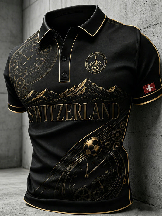 Herren-Poloshirt mit Retro-Fußball-Print und kurzen Ärmeln