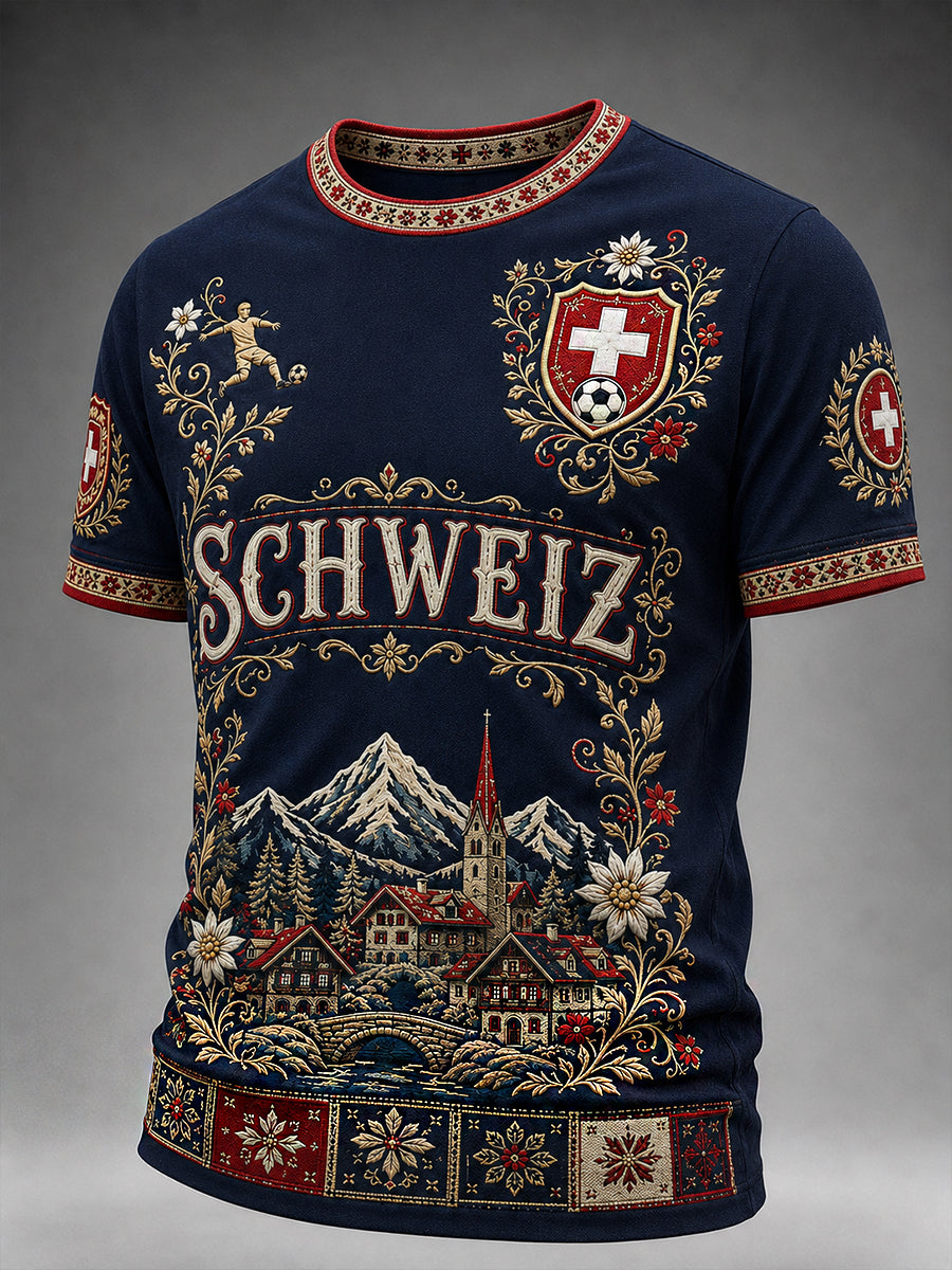 Retro-Fußball‑Casual‑Trikot im Schweizer Stil mit gesticktem Blumenmuster