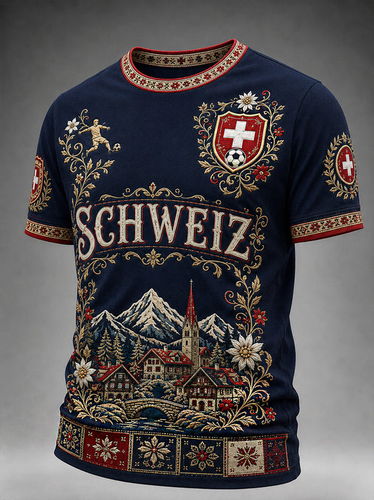 Retro-Fußball‑Casual‑Trikot im Schweizer Stil mit gesticktem Blumenmuster