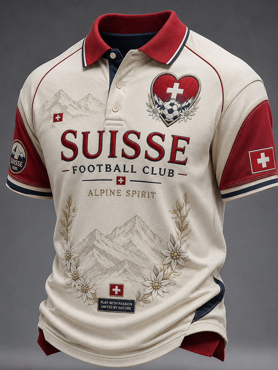 Retro-Fußball‑Casual‑Trikot im Schweizer Stil mit gesticktem Blumenmuster
