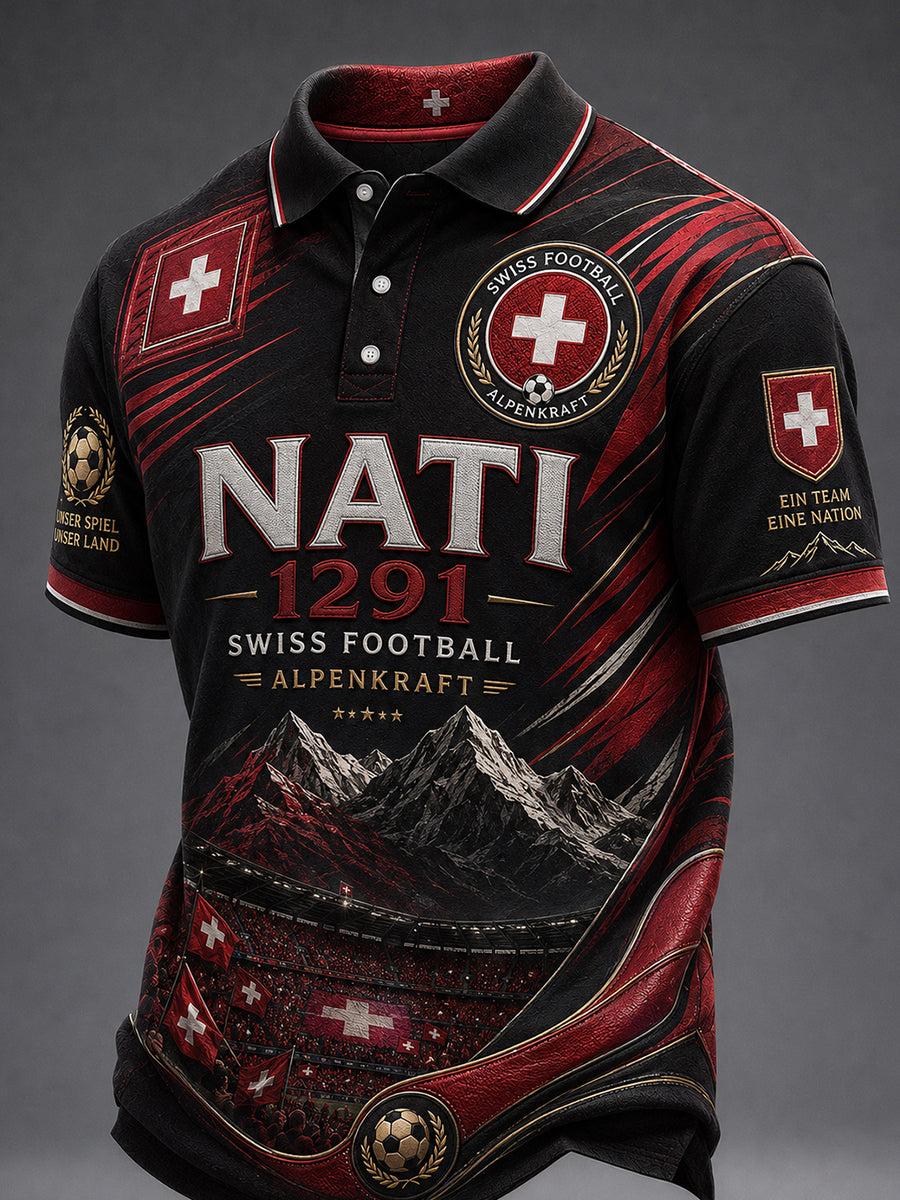 Retro-Fußball‑Casual‑Trikot im Schweizer Stil mit gesticktem Blumenmuster