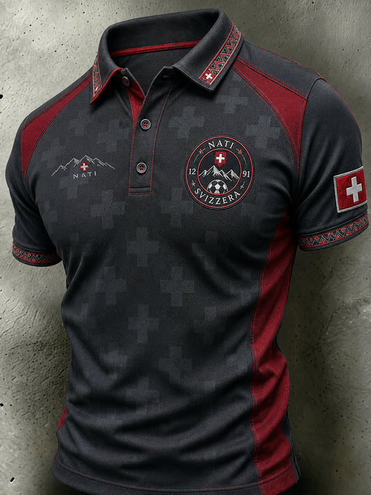 Retro-Fußball‑Casual‑Trikot im Schweizer Stil mit gesticktem Blumenmuster