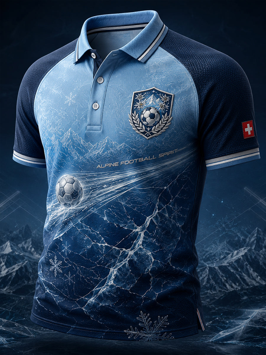 Herren-Poloshirt mit kurzem Raglanärmel und fußballthematikbezogenem Aufdruck