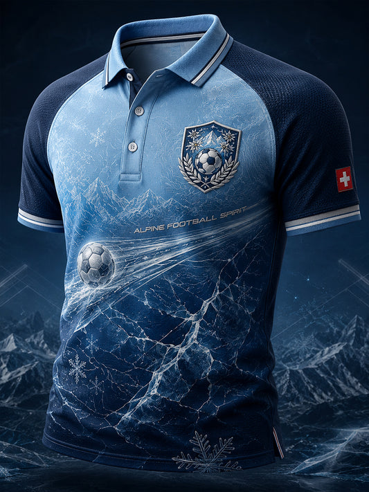 Herren-Poloshirt mit kurzem Raglanärmel und fußballthematikbezogenem Aufdruck