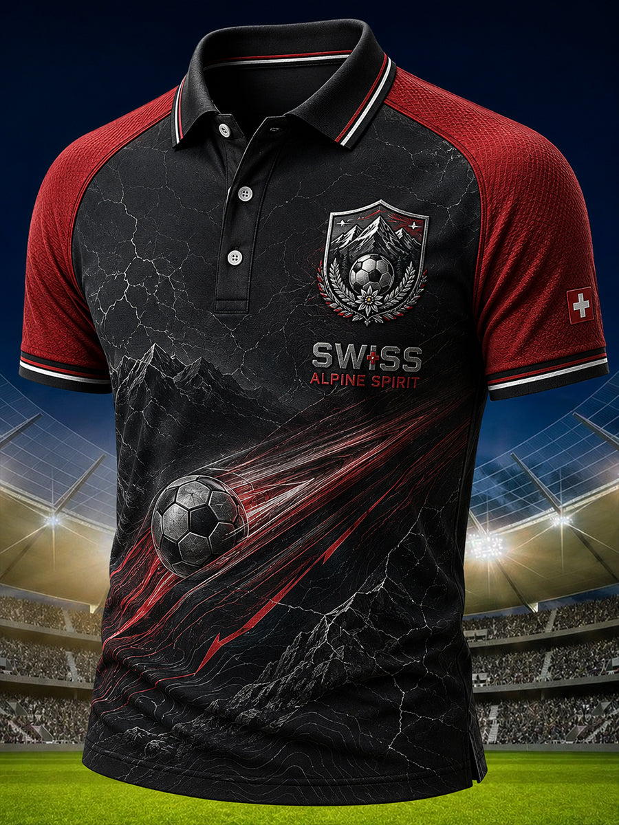 Herren-Poloshirt mit kurzem Raglanärmel und fußballthematikbezogenem Aufdruck