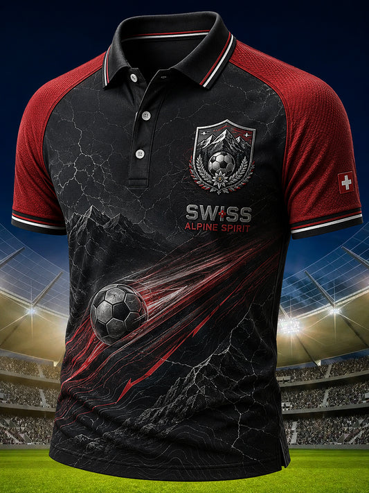 Herren-Poloshirt mit kurzem Raglanärmel und fußballthematikbezogenem Aufdruck