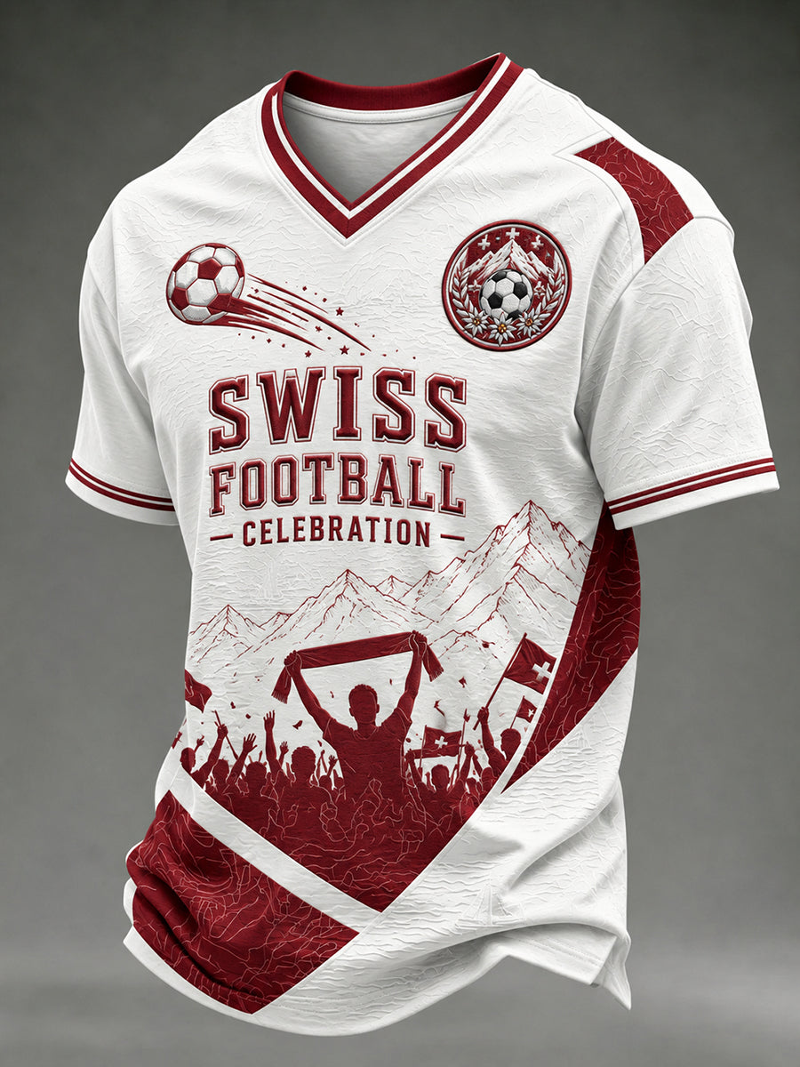 Herren-T-Shirt mit V-Ausschnitt und kurzen Ärmeln, bedruckt mit Fußballmotiven