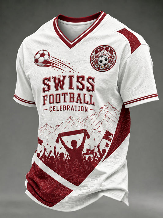 Herren-T-Shirt mit V-Ausschnitt und kurzen Ärmeln, bedruckt mit Fußballmotiven