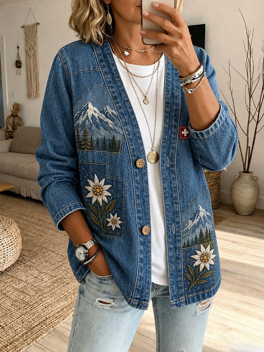Damen-Denimjacke mit langen Ärmeln und Schneeberg-Landschaftsdruck