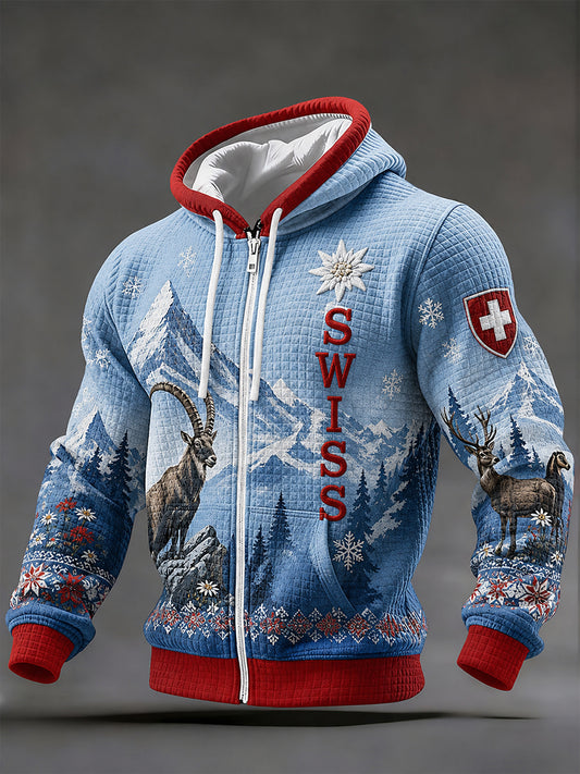 Herren-Schneeberg-Landschaftsdruck Waffelstrick Langarm-Kapuzenjacke