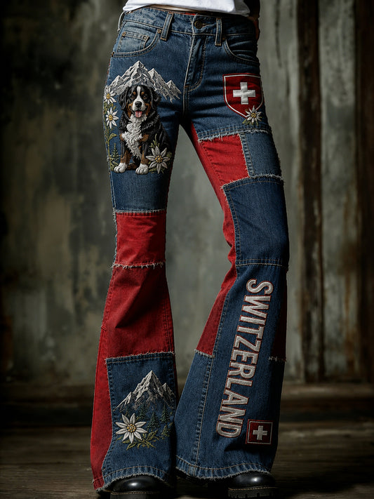 Geschwungene Damen-Hose mit besticktem Bergtier- und Blumenmuster
