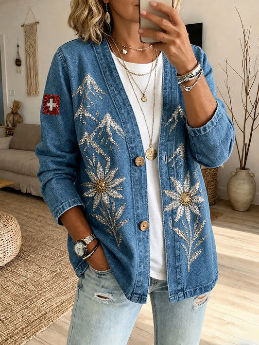 Damenjeansjacke mit Pailletten und floralem Druck, langärmlig