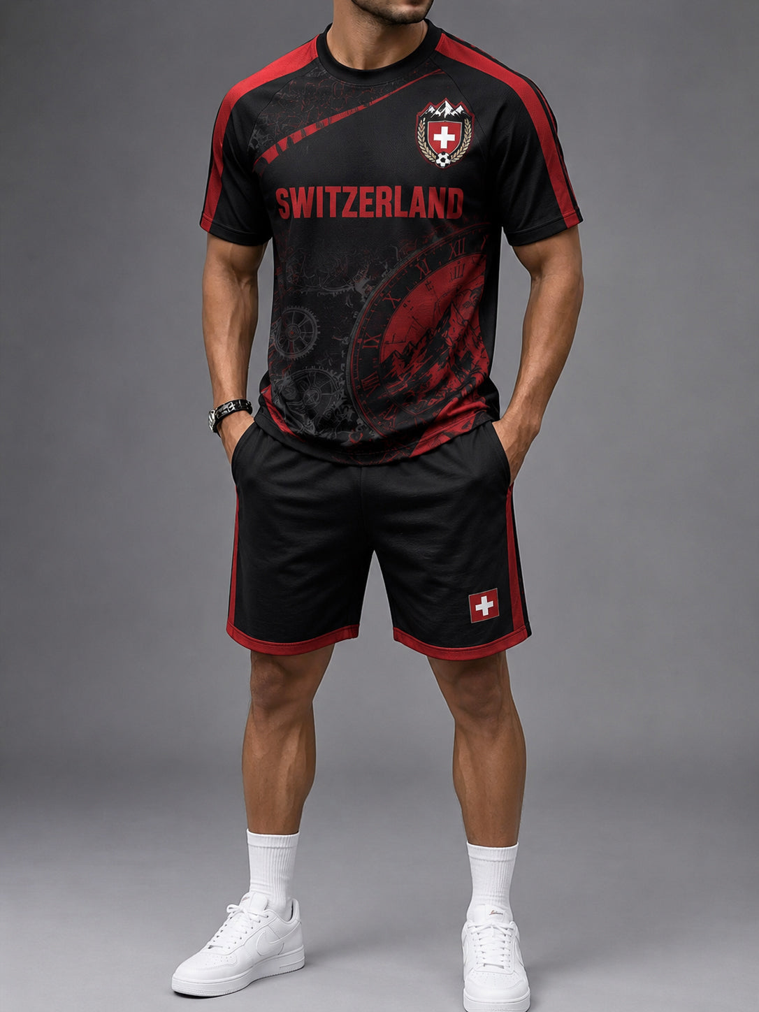 Herren-Set mit Fußballmotiv: Raglanärmel, Kurzarm und Shorts