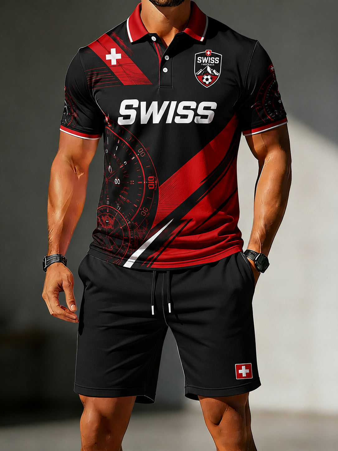 Herren-Poloshirt mit Fußball-Print und kurzen Ärmeln sowie passende Shorts im Set