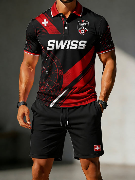 Herren-Poloshirt mit Fußball-Print und kurzen Ärmeln sowie passende Shorts im Set