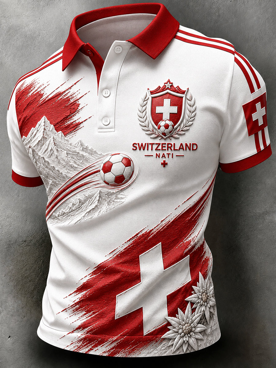 Retro-Schweizer Fußball-Fan‑Art‑Print lässiges Poloshirt