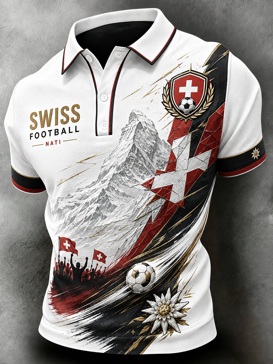 Retro-Schweizer Fußball-Fan‑Art‑Print lässiges Poloshirt