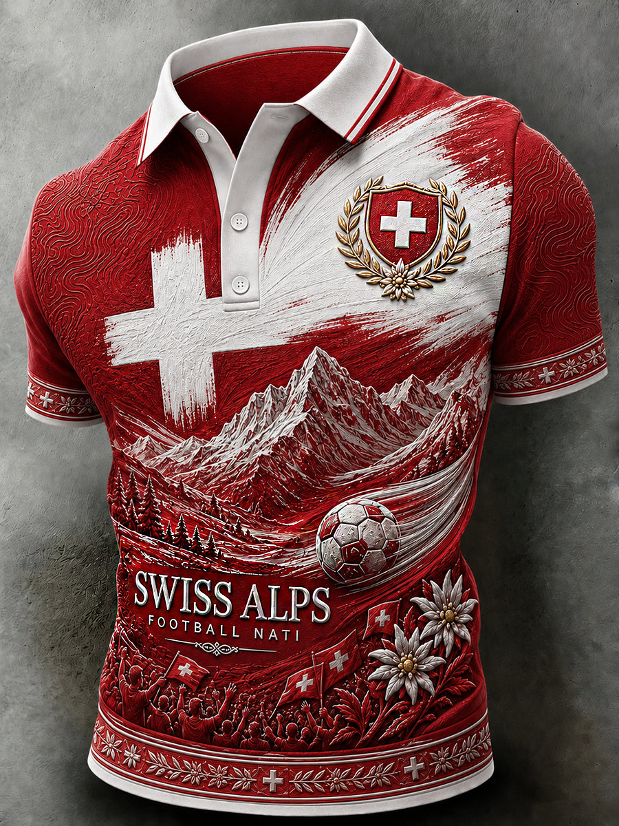 Retro-Schweizer Fußball-Fan‑Art‑Print lässiges Poloshirt
