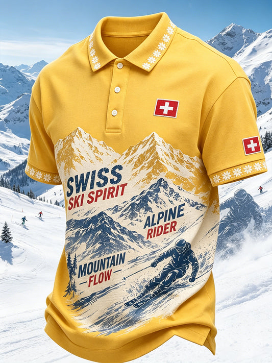 Herren-Kurzarm-T-Shirt mit Ski-Themen bedruckt
