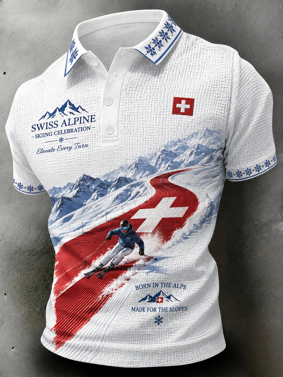 Herren-Kurzarm-T-Shirt mit Ski-Themen bedruckt Waffel