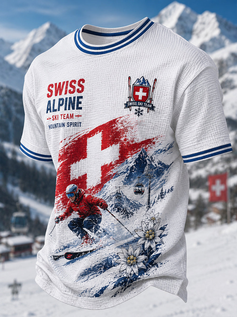 Herren-T-Shirt mit Alpinskifahren-Motiv, Waffelstruktur und kurzen Ärmeln