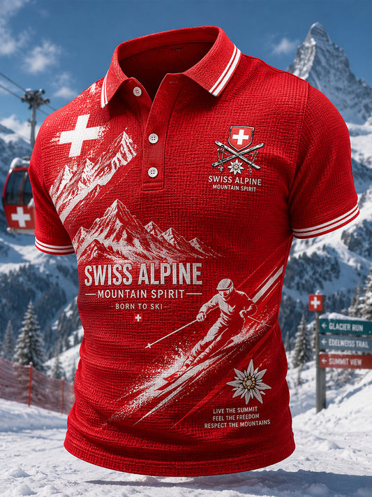Herren-Waffelpiqué-Poloshirt mit Alpinskifahren-Motiv und Kurzärmeln