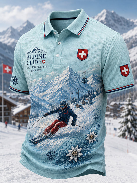 Herren-Poloshirt mit Ski-Print, lässig, waffelformige Textur und kurzen Ärmeln