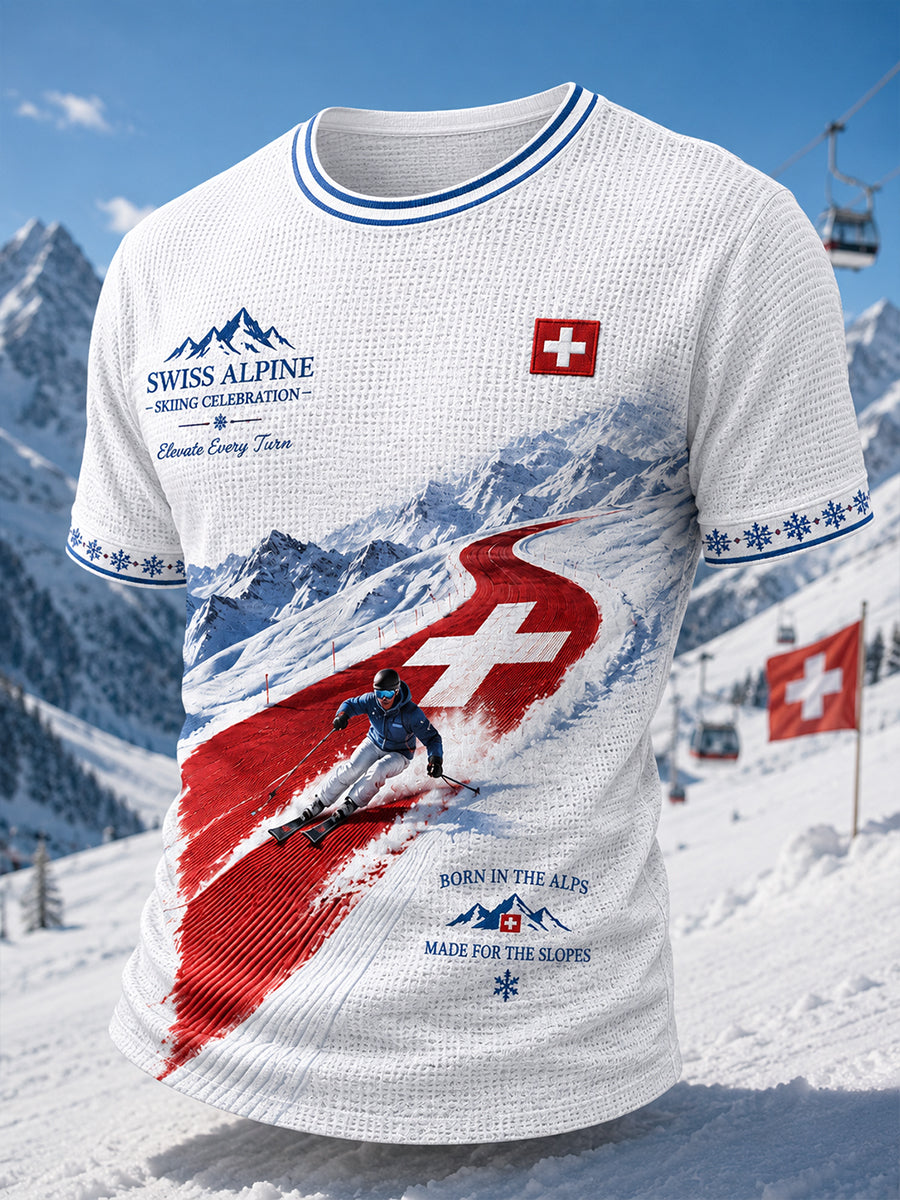Herren-Casual-T-Shirt mit Skimotiv-Print, waffelformiger Struktur und kurzen Ärmeln