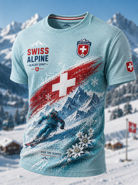 Herren-Casual-T-Shirt mit Skimotiv-Print, waffelformiger Struktur und kurzen Ärmeln