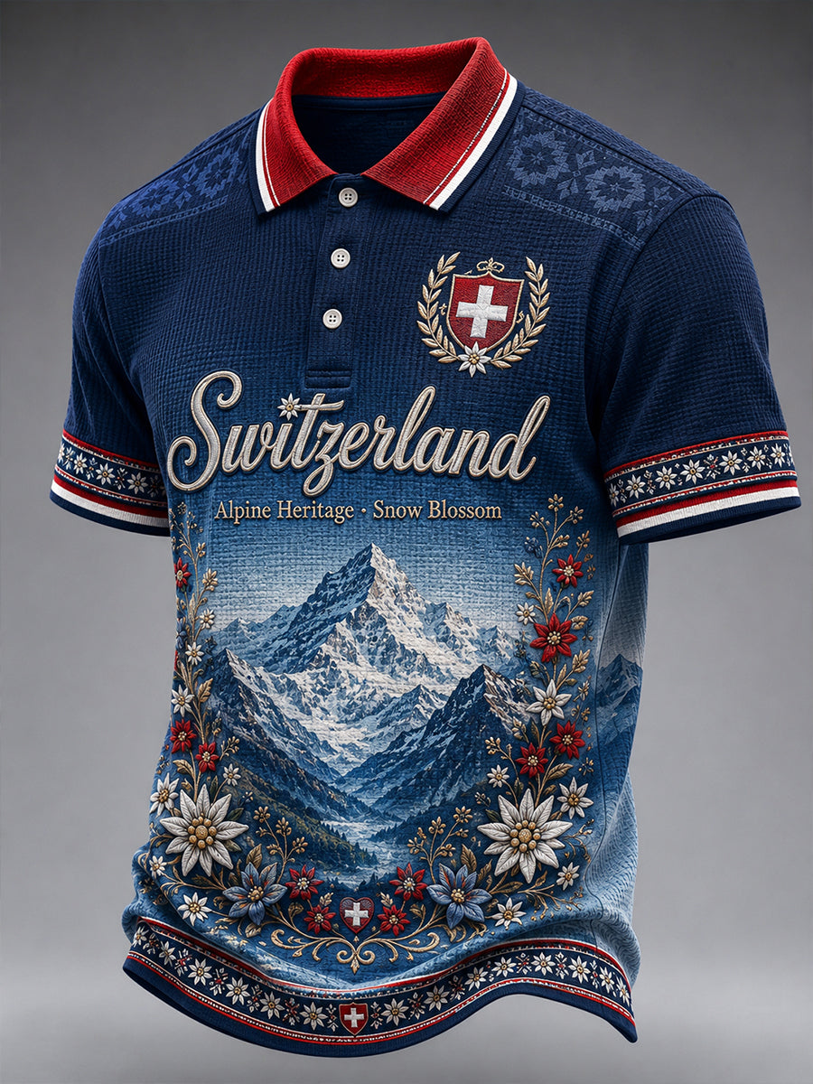 Herren-Poloshirt mit Ski-Print, Waffelstruktur und kurzen Ärmeln