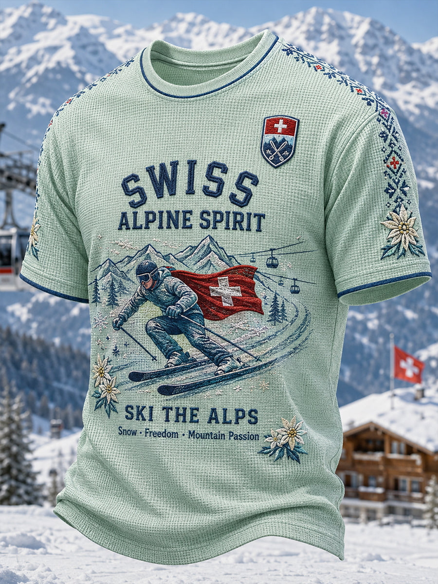 Herren-T-Shirt mit Skimotiv-Druck und Waffelstruktur, kurzärmelig