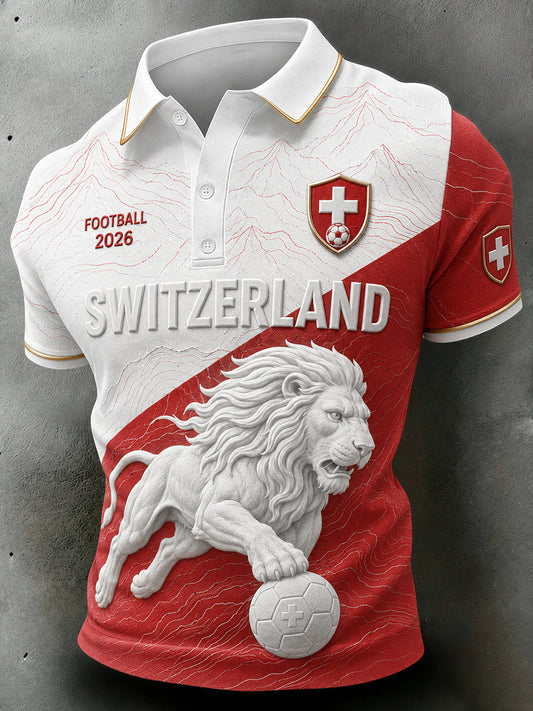 Herren-Poloshirt mit kurzen Ärmeln und Fußball-Löwen-Print