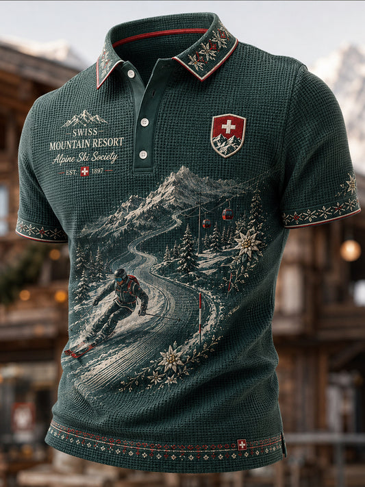 Herren-Skisport-Druck-Waffelpiqué-Poloshirt mit Kurzärmeln