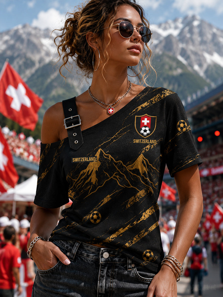 Kurzärmelige Schlaubluse mit Schulterfrei-Design und Frauenfußball-Motiv