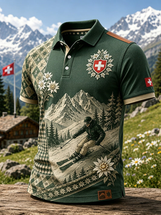 Herren-Poloshirt im Retro-Ski-Style mit Waffelstruktur und kurzen Ärmeln