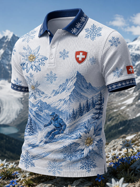 Herren-Kurzarm-Polo-Shirt mit Retro-Ski-Inspiriertes Print-Waffel-Kleid