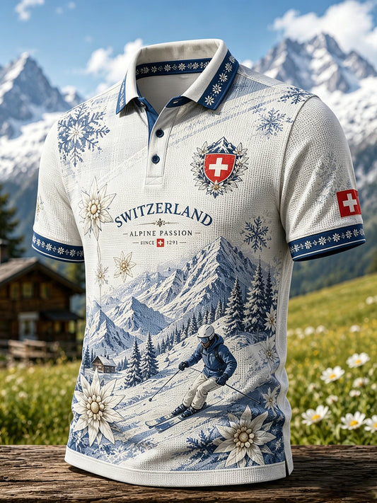Herren-Poloshirt im Retro-Ski-Style mit Waffelstruktur und kurzen Ärmeln