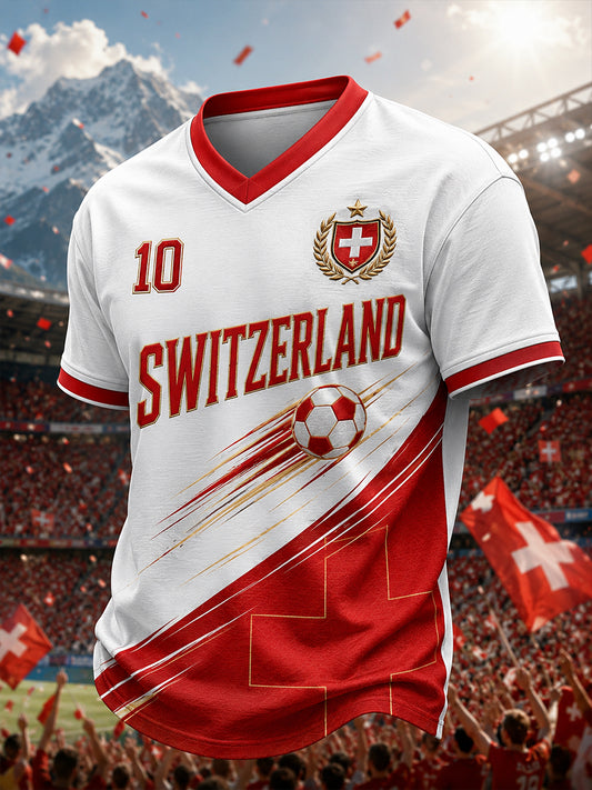 Männer Fußball-Thema bedrucktes Kurzarm-T-Shirt mit V-Ausschnitt