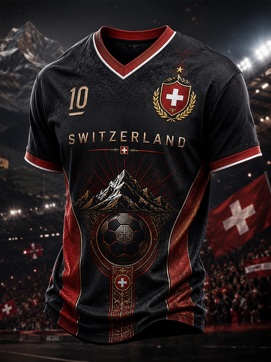 Herren-T-Shirt mit Fußballmotiv, kurzen Ärmeln und V-Ausschnitt