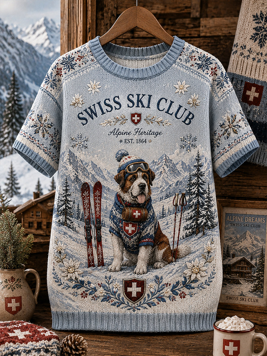 Damen-Ski-Kunstdruck-Strick-T-Shirt mit kurzen Ärmeln