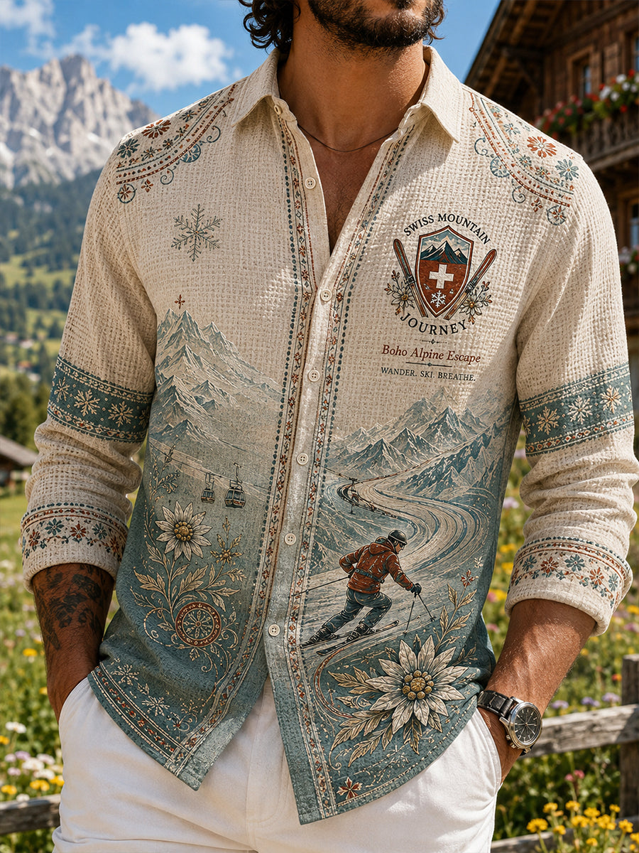 Herren-Waffelpiqué-Hemd mit Langarm und Ski-Print