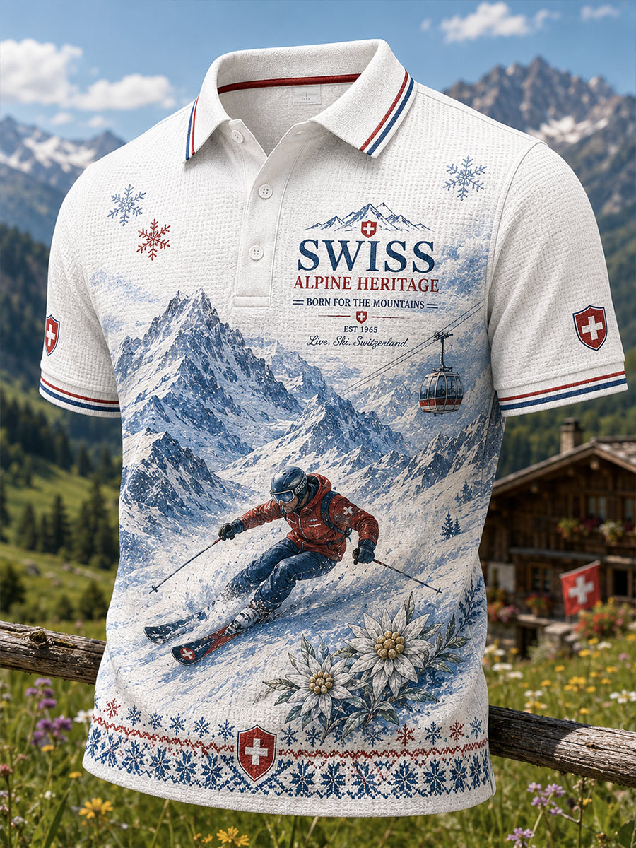 Herren-Kurzarm-Polos hirt mit Ski-Kunstdruck Waffel