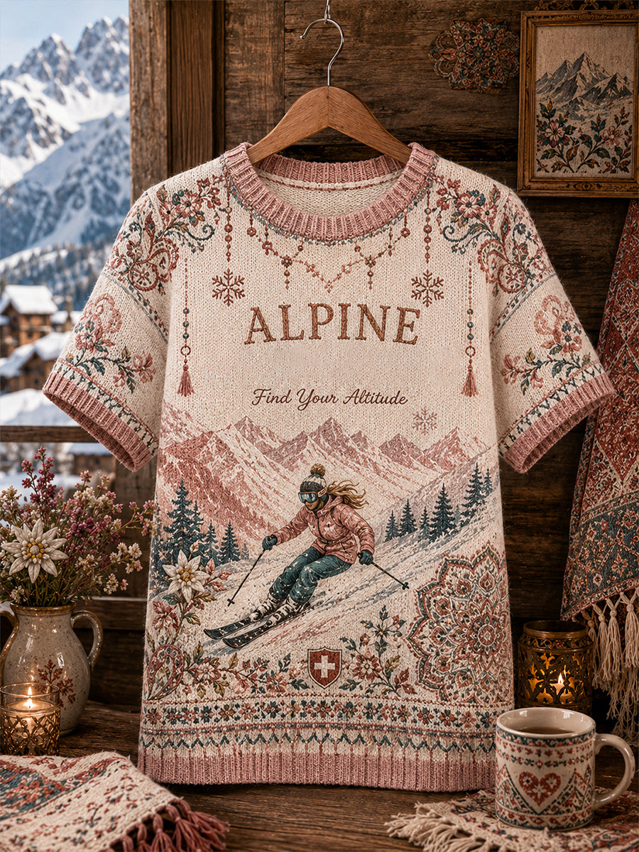 Damen-Ski-Kunstdruck-Kurzarm-T-Shirt