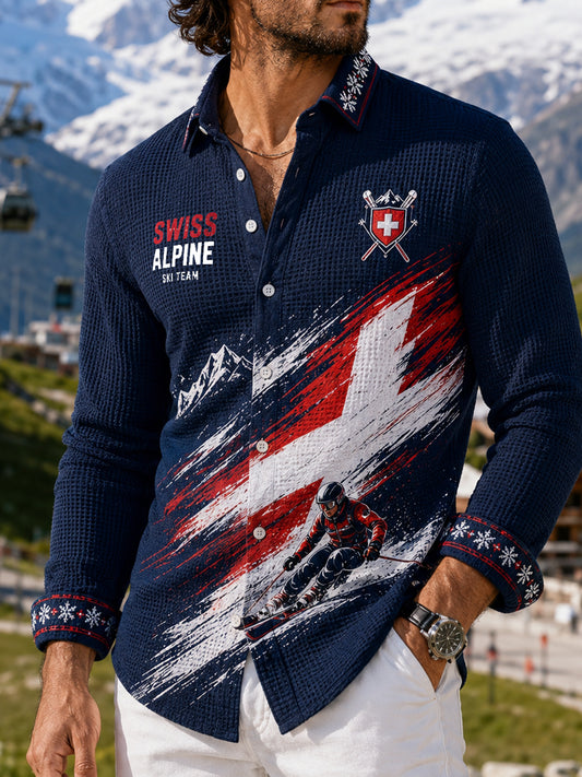 Herren-Waffelpiqué-Hemd mit Langarm und Ski-Print
