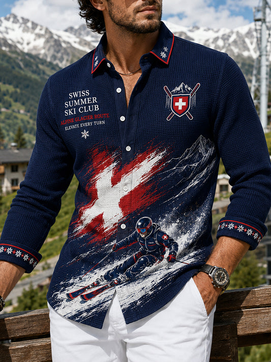 Herren-Waffelpiqué-Hemd mit Langarm und Ski-Print