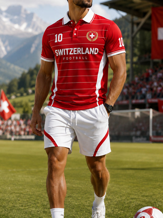 Sportliches Herren-Poloshirt-Set mit Fußballmotiv und kurzen Ärmeln