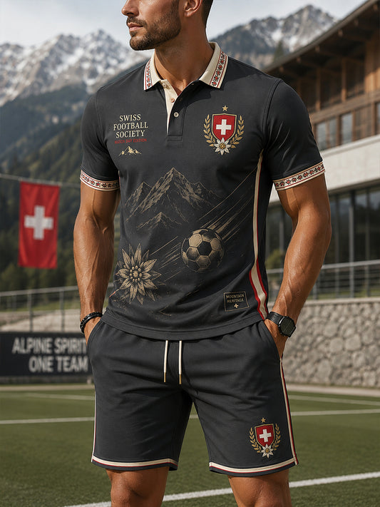 Sportliches Herren-Poloshirt-Set mit Fußballmotiv und kurzen Ärmeln