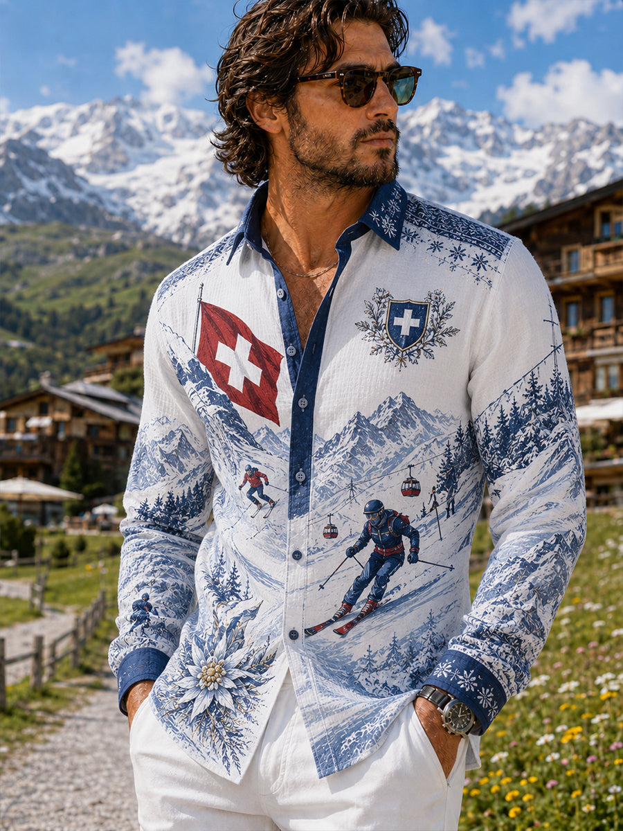 Herren-Waffelpiqué-Hemd mit Langarm und Ski-Print