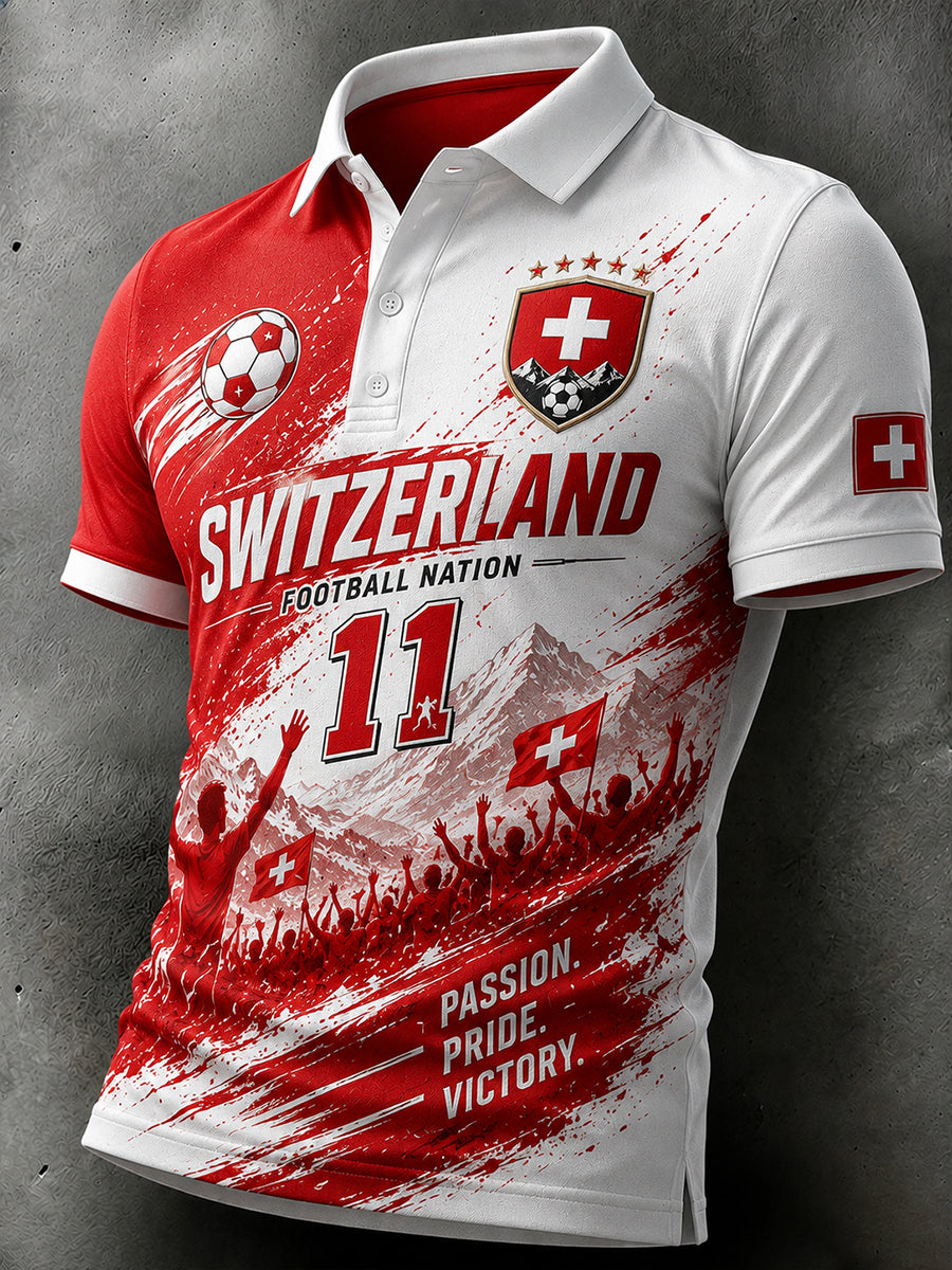 Herren-Poloshirt mit kurzen Ärmeln und Bergfußball-Print