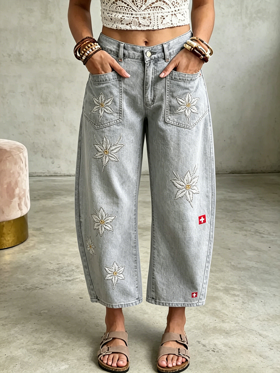 Damen lange Jeans mit Blumen bestickter Druck